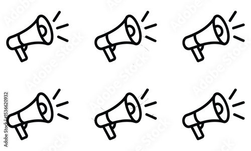Six black outline megaphone icons announcement
