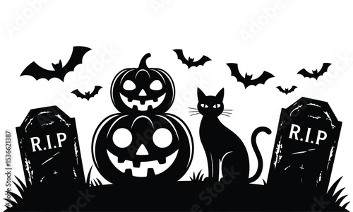 Halloween jack olanterns black cat gravestones bats