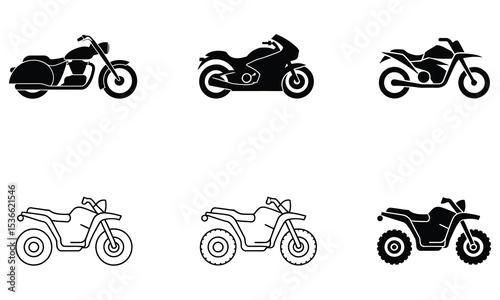 Six black and white motorcycle and atv icons