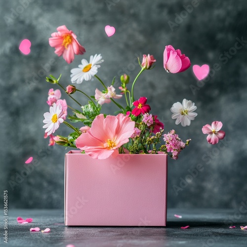 Pink gift box with various flowers on grey background. Flying flowers from the box. Valentines day aesthetic nature concept. 8 March card idea. 