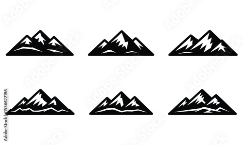 Six black mountain peak icons set