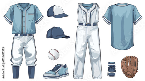 A digital illustration showcasing a complete set of baseball uniform and equipment.  The image features two variations of a light blue baseball jersey, a pair of white baseball pants