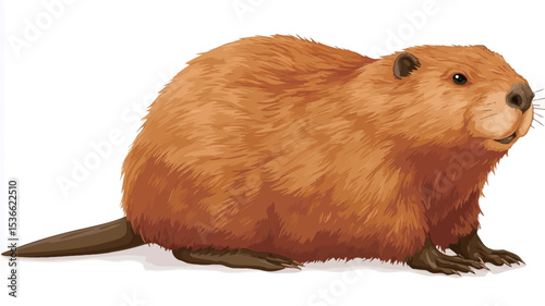 A digitally rendered image of a North American beaver (Castor canadensis) is shown. The beaver is depicted in a three-quarter view, sitting on a white background. Its fur is a rich, reddish-brown