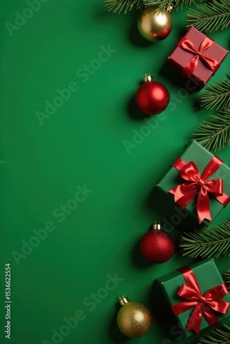 Elegant Christmas ornaments & gift, green background, festive flatlay, blank space, gift, design, template