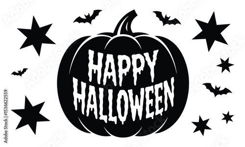 Happy halloween pumpkin with bats and stars