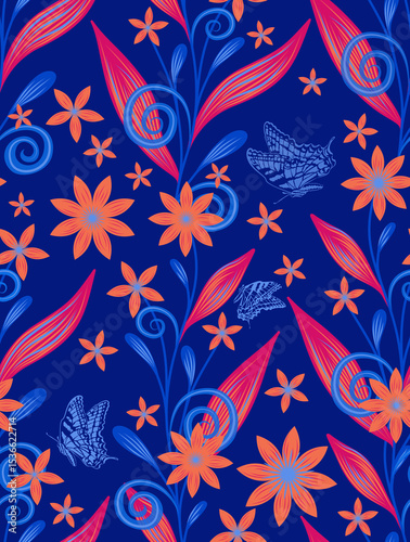 Seamless Tropical Floral Pattern with Butterflies on Blue Background