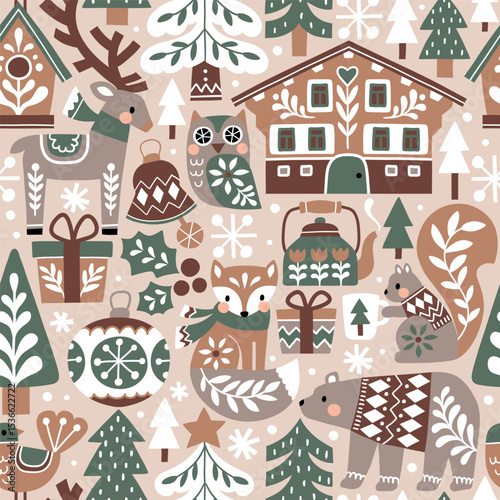 Seamless vector pattern with cute woodland animals and snowy pine trees. Nordic Christmas illustration with reindeer, fox, owl, bear, squirrel and Alpine chalet. EPS 10 vector file. Perfect for textil
