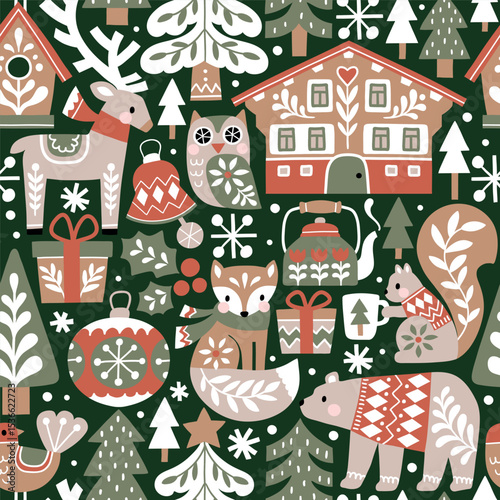 Seamless vector pattern with woodland animals. Cute deer, bear, fox, owl, squirrel and bird. Winter village with chalet and snowy pine trees. Scandinavian Christmas illustration. EPS10 vector file.