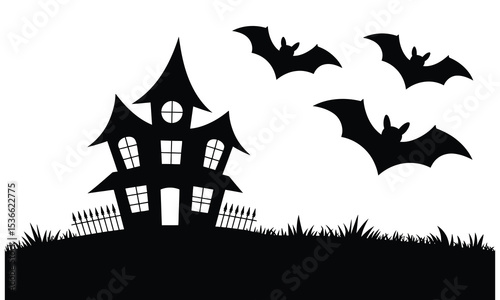 Spooky halloween haunted house silhouette with bats