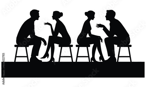 Silhouette of two couples talking on stools