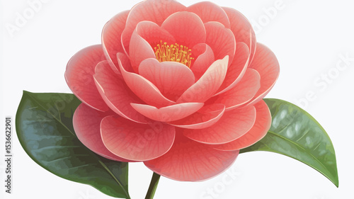 Close-up image of a single coral pink camellia blossom with two accompanying green leaves.  The flower is sharply in focus, showcasing the detail of the petals, the orange-yellow stamen