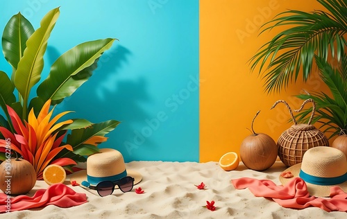 Tropical Summer Vacation Mood Board on Sand. A vibrant, summery still life featuring colorful tropical plants, a straw hat, sunglasses, coconuts, and a coral scarf on a sandy beach backdrop.
