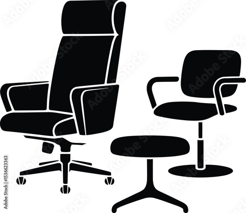 Black Silhouette of Office Chairs and Stool on White Background