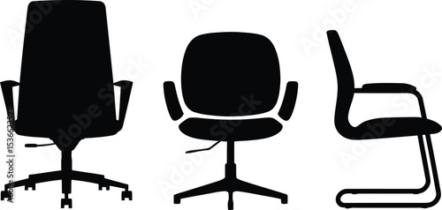 Three Office Chair Silhouettes in Different Styles and Positions on a White Background