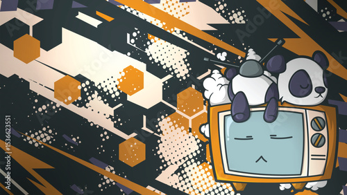 Cute Panda Sleeps on a Retro TV with a Futuristic Geometric Background