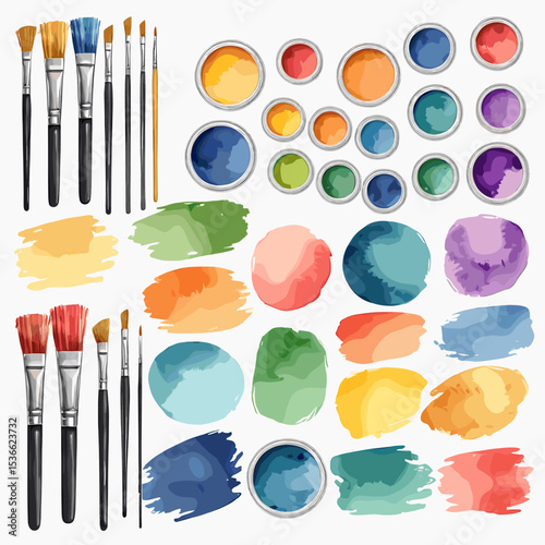 Colorful Art Supplies with Paintbrushes and Watercolor Paints on White Background for Creative Projects