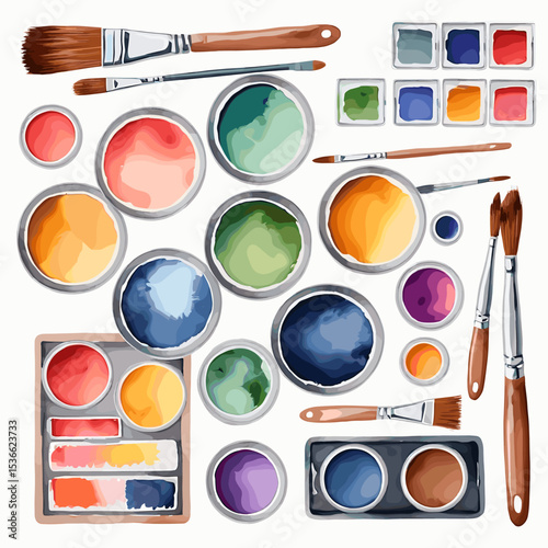 Colorful Watercolor Paints and Brushes Set on White Background for Creative Art Projects and Design Inspiration