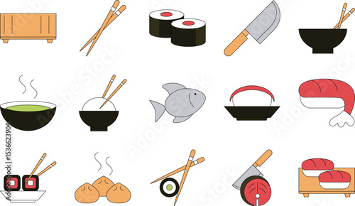 Japanese Cuisine Icons Sushi, Noodles, Chopsticks, and More - Vector EPS Illustration