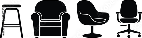 Diverse Seating Options Barstool Armchair Modern Chair and Office Chair in Black Silhouette