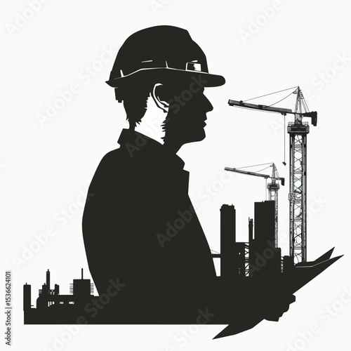 silhouette profile of male construction engineer with scroll building project