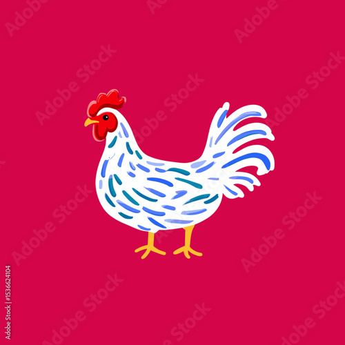 White rooster with colorful strokes on red background