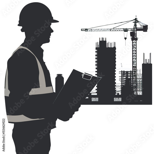 silhouette profile of male construction engineer with scroll building project
