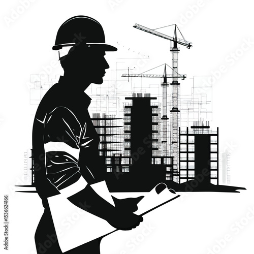 silhouette profile of male construction engineer with scroll building project