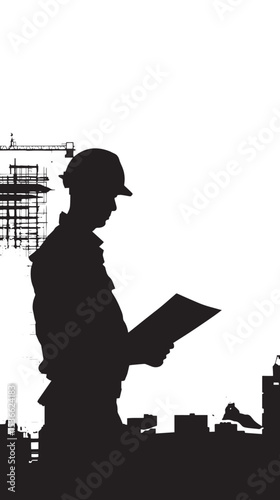 silhouette profile of male construction engineer with scroll building project