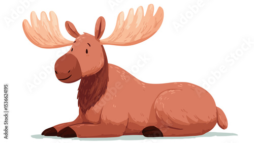 A digital illustration of a cartoon moose lying down. The moose is depicted in a light brown color with darker brown accents on its face and legs. It has large antlers and a friendly expression.