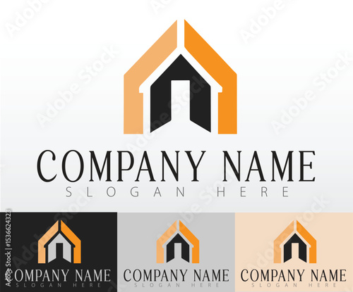 A modern icon combining home and building imagery for business use.