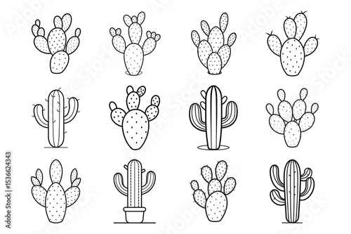 Set of opuntia cactus line art vector illustration on white background.