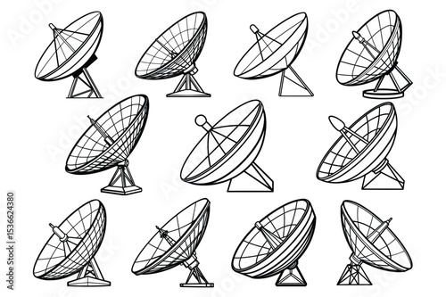  Set of satellite dish line art line art vector illustration on white background.