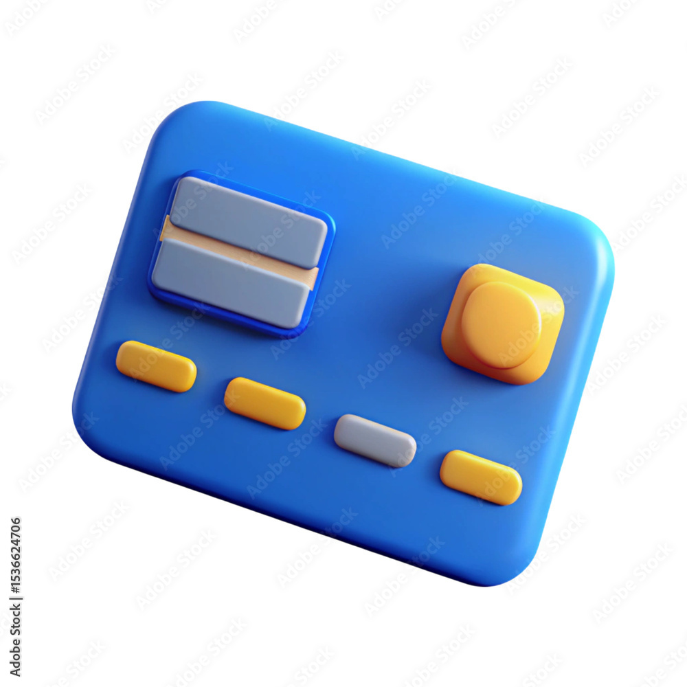3d rendered illustration of a blue credit card with yellow and gray accents on transparent background. 3d rendered illustration of a blue credit card with yellow and gray accents on transparent background.