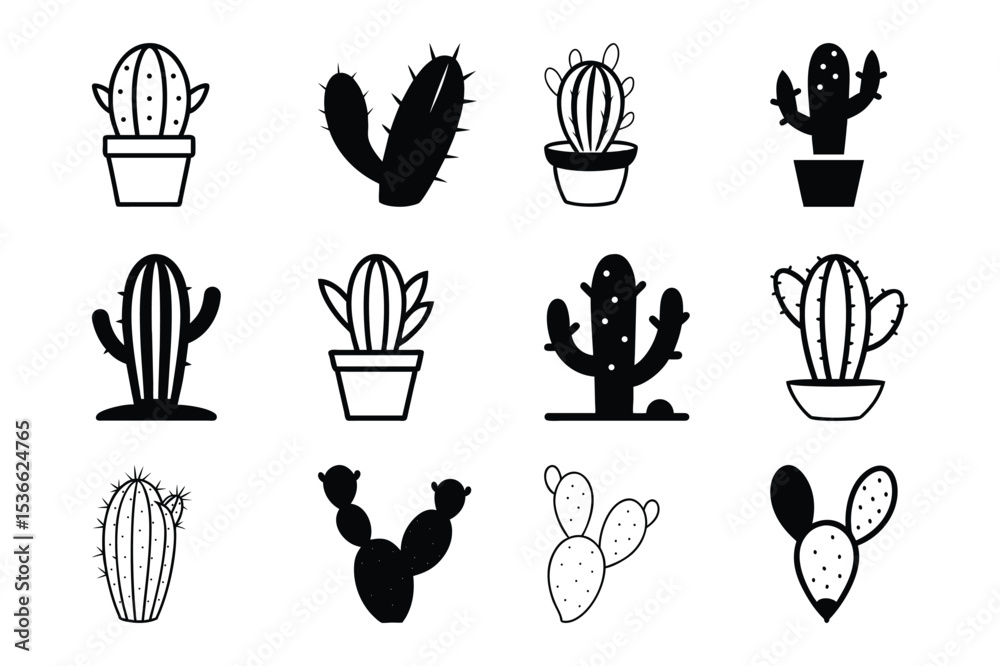 Fototapeta premium Set of beautiful cactus, opuntia cactus in pot icon vector illustration on white background.