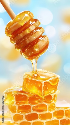 Golden honey flowing from wooden dipper onto honeycomb, texture syrupy capturing against vibrant yellow backdrop