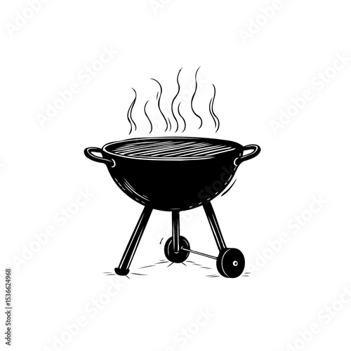 Illustration of a black charcoal grill with rising smoke, perfect for summer cookouts