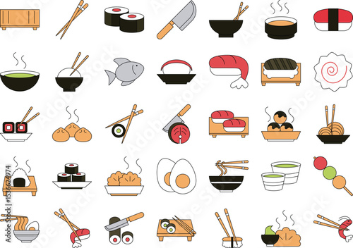 Japanese Cuisine Icon Set Sushi, Noodles, Dumplings & More - 610.eps Vector Illustrations