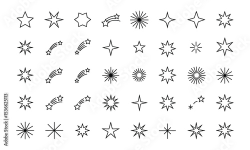 Collection of line art stars and shooting stars