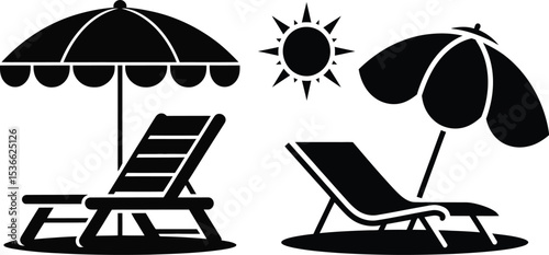 Black and White Beach Scene with Deck Chairs Umbrellas and Sun