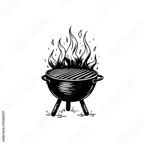 Monochrome illustration of a barbecue grill with flames, evoking summer cooking