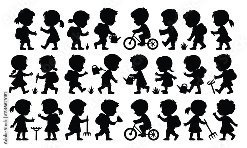 Silhouette collection of children playing and gardening