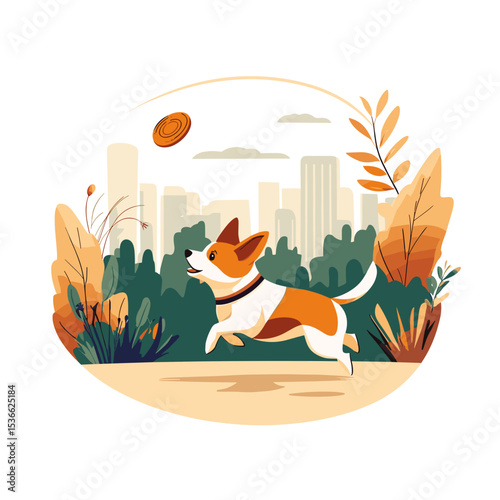 Dog playing with frisbee in urban park during autumn season  