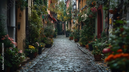 Charming, cobbled alleyway lined with autumn foliage