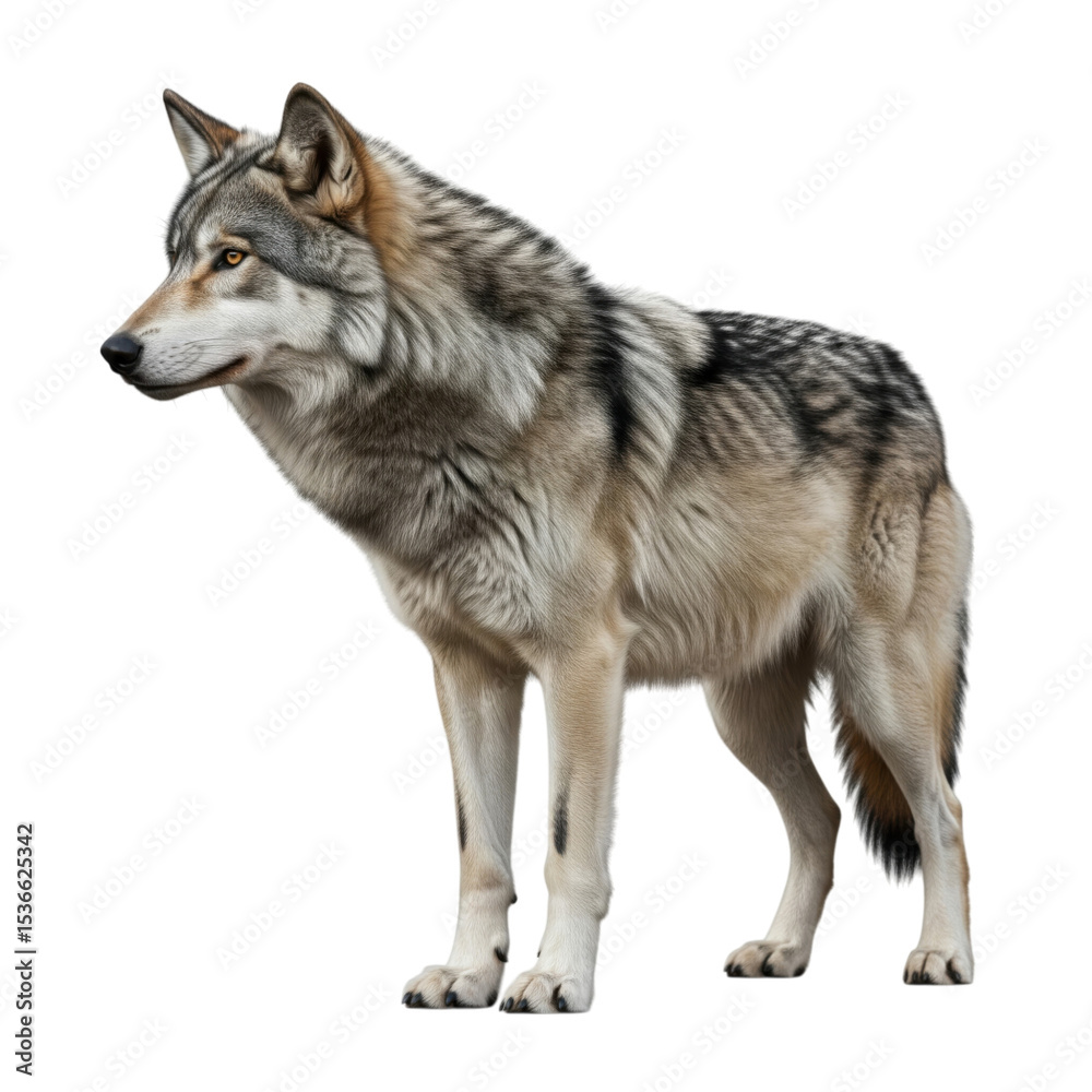 Fototapeta premium Captivating gray wolf portrait with intense gaze on dark backdrop studio setting