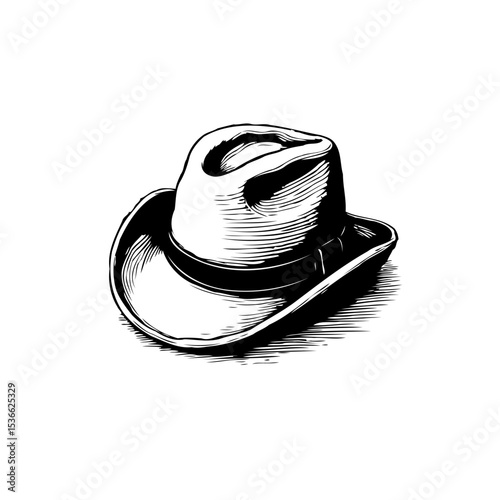 Classic cowboy hat drawing in detailed black and white vintage style illustration