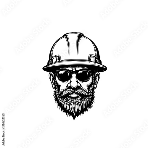 Monochrome Portrait of a Bearded Construction Worker in Protective Gear Illustration
