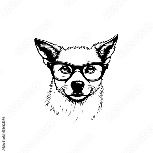 Illustrative portrait of a dog wearing glasses, capturing intelligence and charm