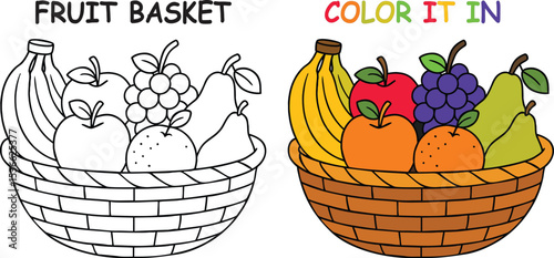 Fruit basket coloring page with bananas apples grapes pears and an orange in a woven basket design