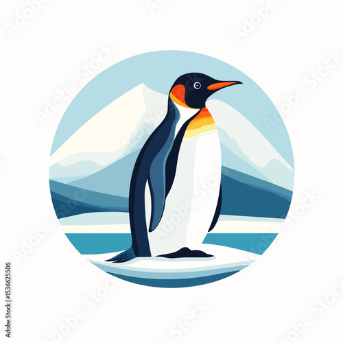 Penguin standing on ice with snowy mountain scene