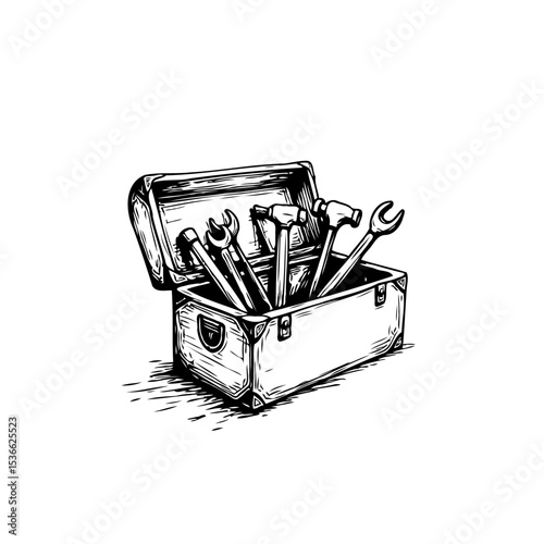 Hand-Drawn Toolbox Illustration Filled with Assorted Tools on a White Background